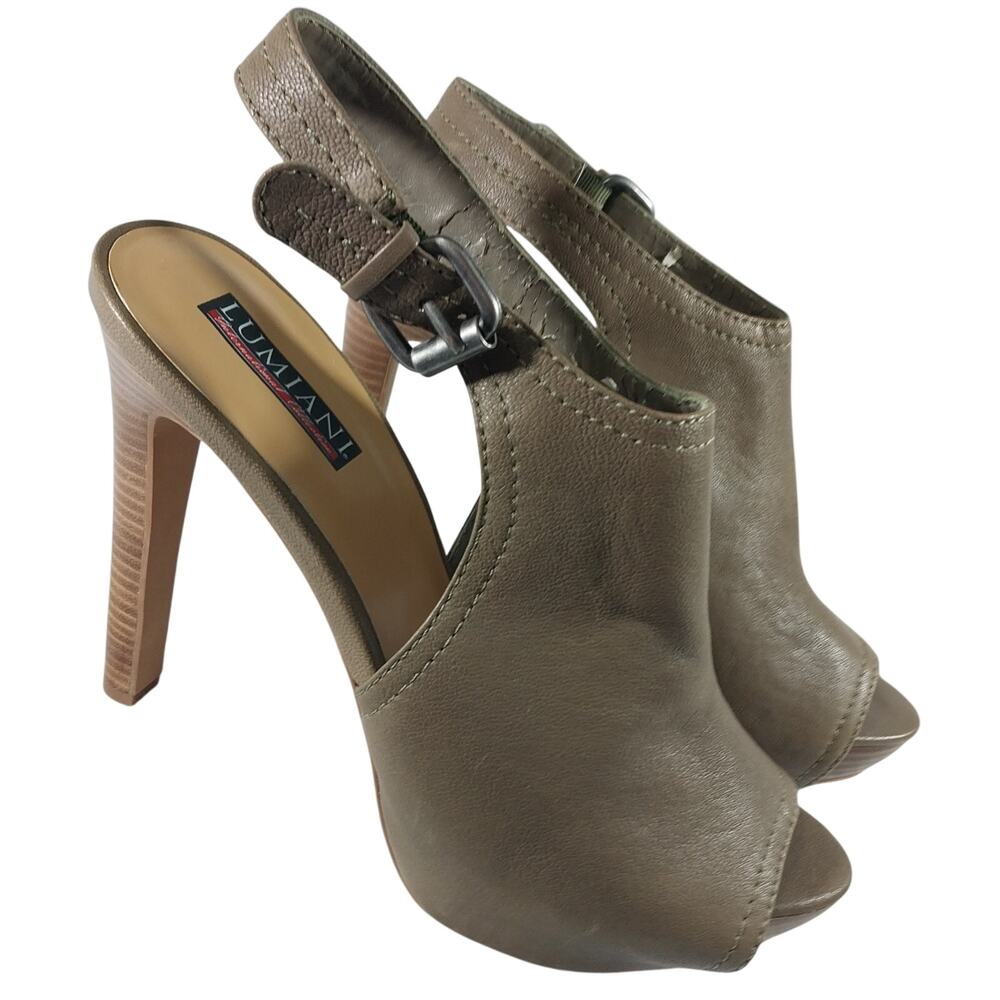 LUMIANI! TAUPE BROWN/GRAY VEGAN LEATHER STILETTO, PLATFORM, PEEP TOE HEELS! 10M